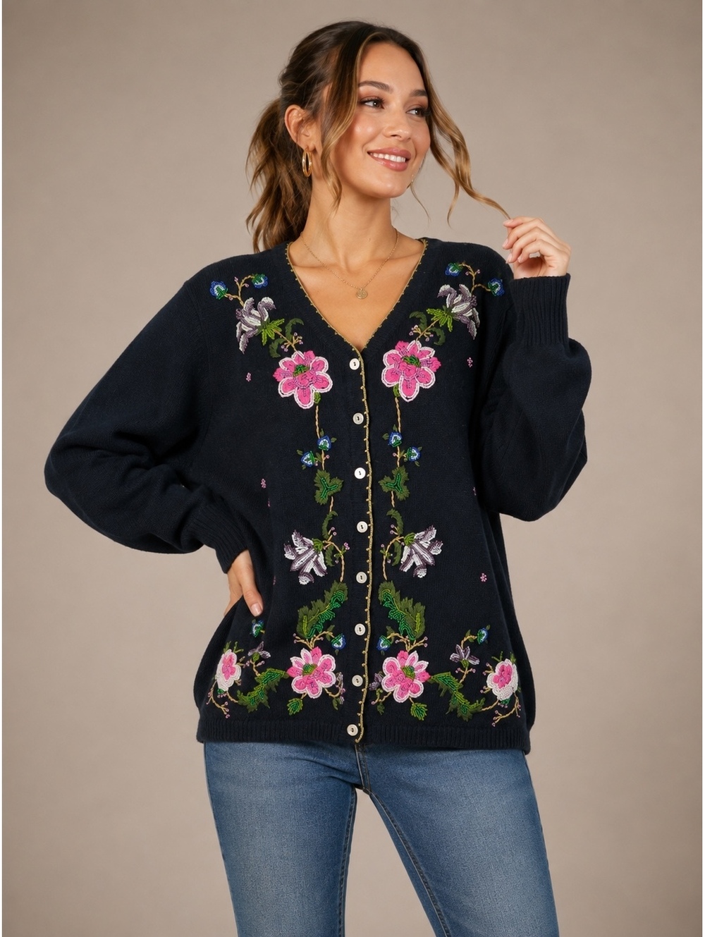 VTG Women’s Sz XL Arriviste Black Beaded Floral Cardigan Sweater Cottagecore